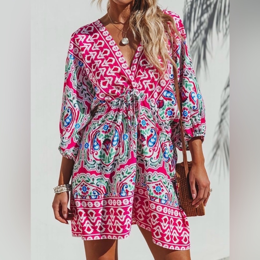 Cupshe Hot Pink Geo Puff Sleeve Mini Dress Size S